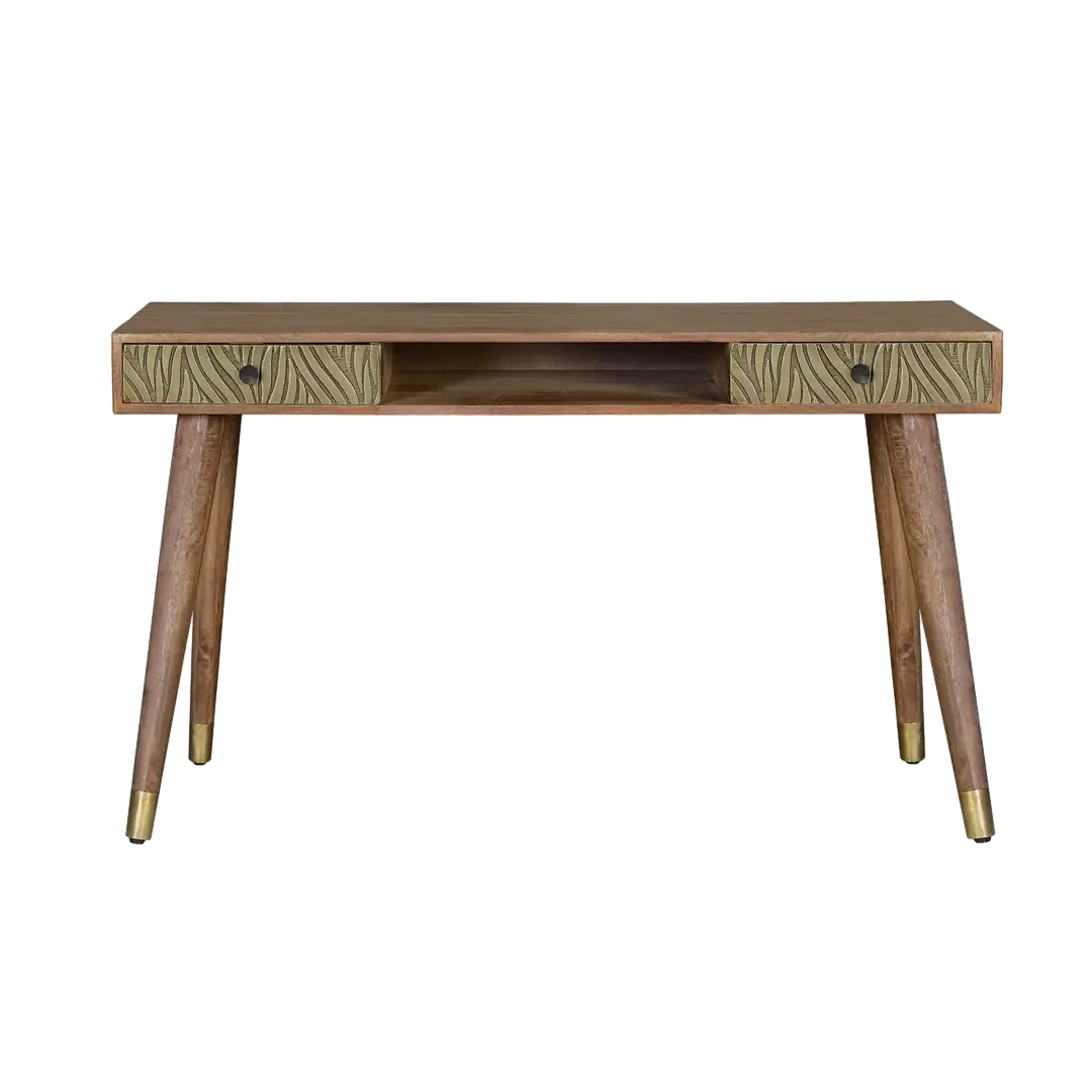 Escritorio Savana madera de mango marrón con detalles en bronce 2 cajones patas revestidas estilo contemporáneo 130x50x76cm - Giner y Colomer - 6763GYC - foto-transparente