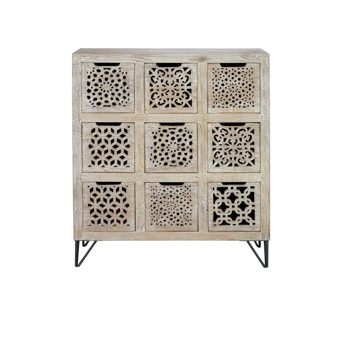 Cómoda Fiesole 9 cajones en madera de mango con patas de hierro acabado blanco envejecido 112x36x90cm - Giner y Colomer - 6783GYC - foto-transparente