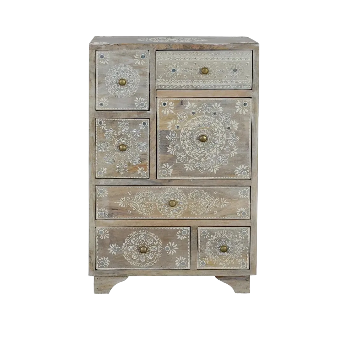 Mueble auxiliar Ragusa en madera de mango con 7 cajones pintados a mano diseño artesanal y robusto 42x30x66cm - Giner y Colomer - 6792GYC - foto-transparente