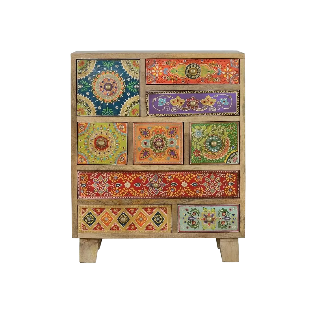 Mueble auxiliar Modica 9 cajones madera de mango pintado a mano multicolor acabado natural y robusto diseño contemporáneo versátil 52x30x63cm - Giner y Colomer - 6795GYC - foto-transparente