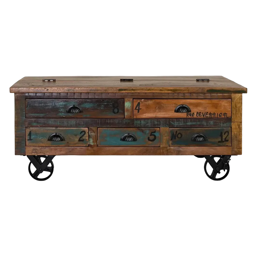 Mesa de centro Verrier madera auténtica reciclada multicolor con 5 cajones ruedas de hierro apertura superior 110x70x42cm - Giner y Colomer - 6805GYC - foto-transparente