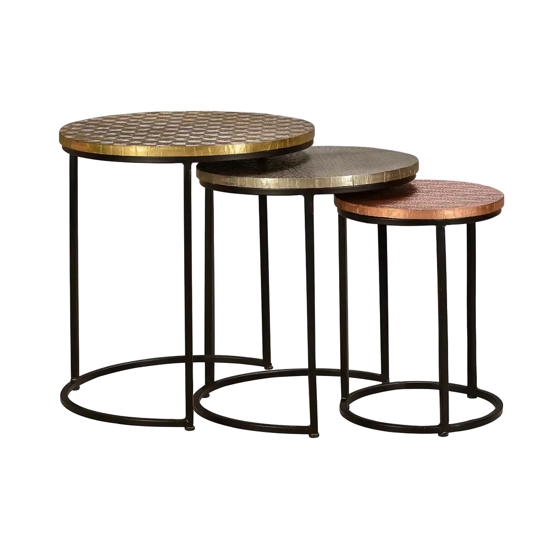 Set de 3 mesas de centro nido Avignon redondas estructura metálica tapas bronce cobre latón base negra apilables diseño industrial artesanal// Grande 45. mediana 38. pequeña 28xGrande 45. mediana 38. pequeña 28xGrande 49. mediana 44. pequeña 39cm - Giner y Colomer - 6806GYC - foto-transparente