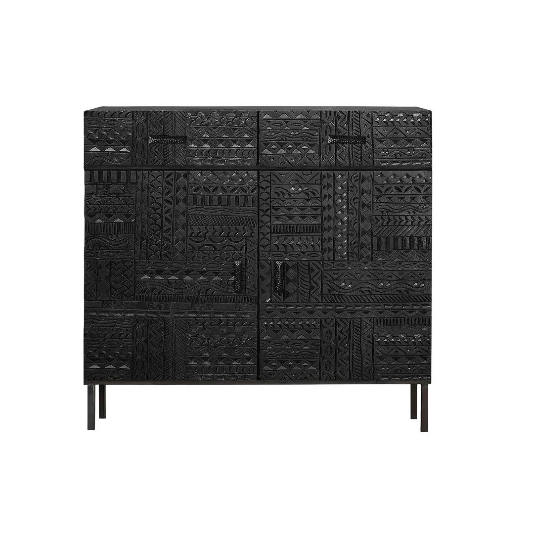 Cómoda Jeroglifico 2 puertas y 2 cajones madera de mango tallada a mano base metálica negra acabado nogal oscuro diseño artesanal y toque industrial 100x40x76cm - Giner y Colomer - 6821GYC - foto-transparente