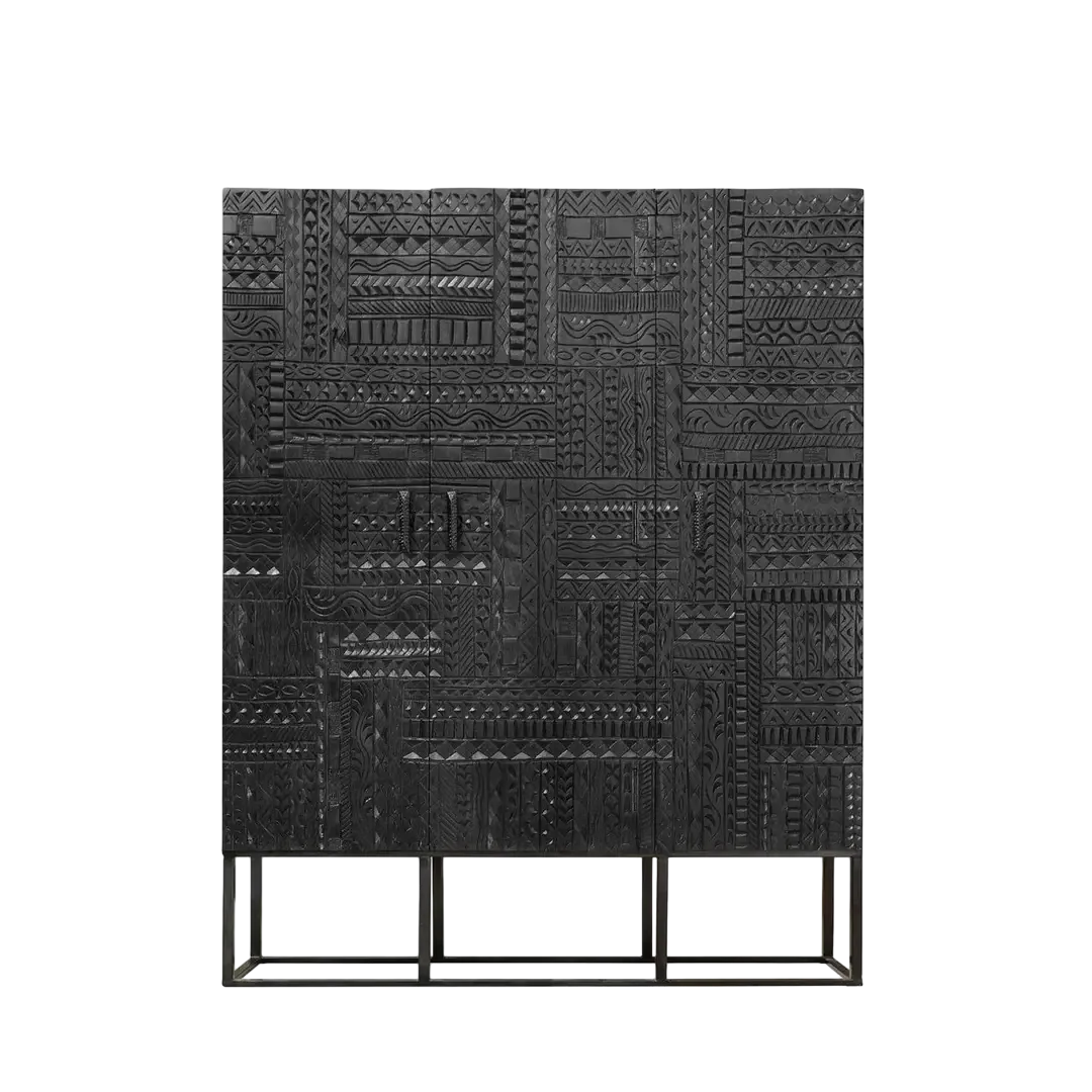 Armario Jeroglífico 3 puertas de madera de mango talladas a mano base metal negro estantes interiores estilo artesanal 120x40x135cm - Giner y Colomer - 6838GYC - foto-transparente