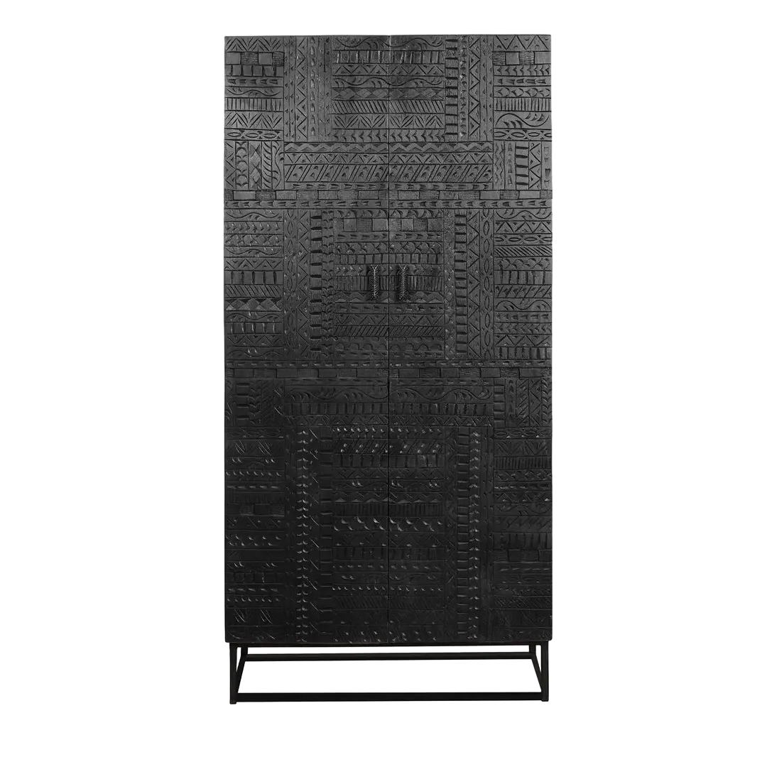 Armario Jeroglifico en madera de mango y base de hierro dos puertas talladas a mano con estantes interiores y barra de colgar estilo industrial y artesanal 90x50x180cm - Giner y Colomer - 6872GYC - foto-transparente