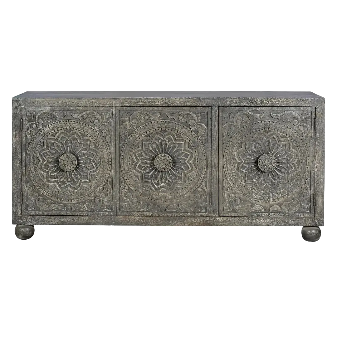 Aparador Liora madera de mango puertas talladas acabado en gris envejecido 3 puertas con estantes interiores diseño artesanal 172x43x82cm - Giner y Colomer - 6933GYC - foto-transparente