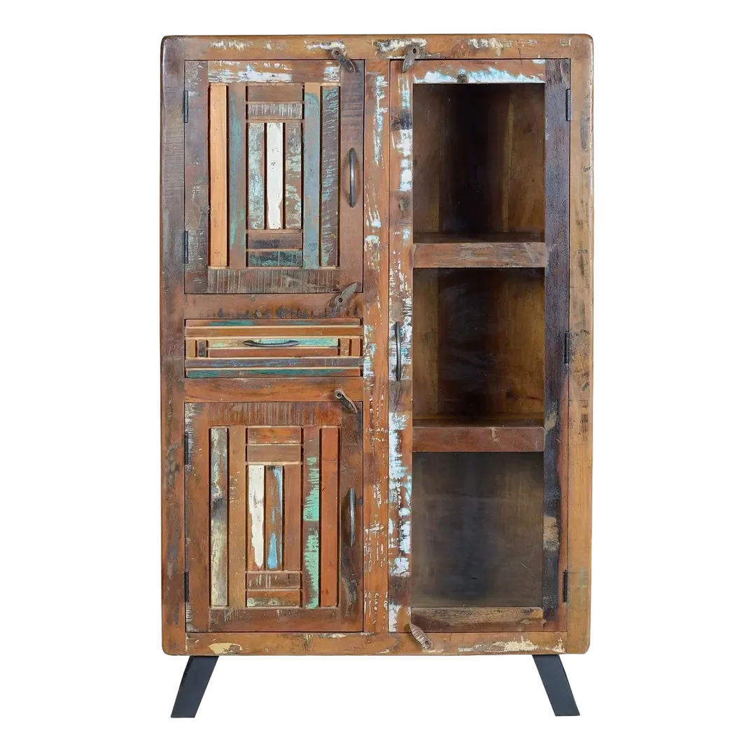 Vitrina Hyderabad en madera reciclada multicolor con patas y tiradores de metal tres puertas y un cajón con estantes interiores diseño rústico contemporáneo 90x38x140cm - Giner y Colomer - 6982GYC - foto-transparente