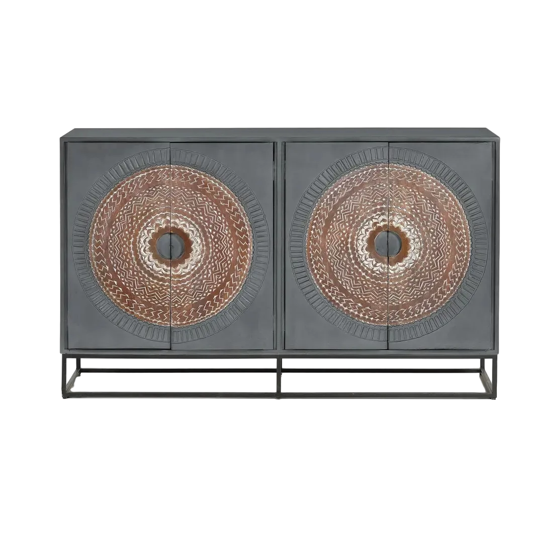Aparador Wood Mandala 4 puertas talladas madera de mango con base metálica acabado gris y detalles nogal 150x40x90cm - Giner y Colomer - 6986GYC - foto-transparente