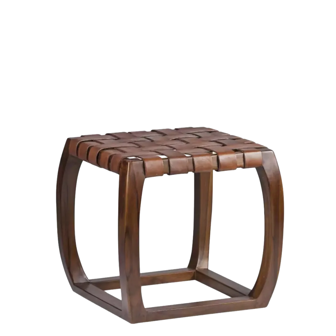 Mesa rinconera de teca con trenzado de piel 45x45x45cm - Moycor - 723001MYC - foto-transparente