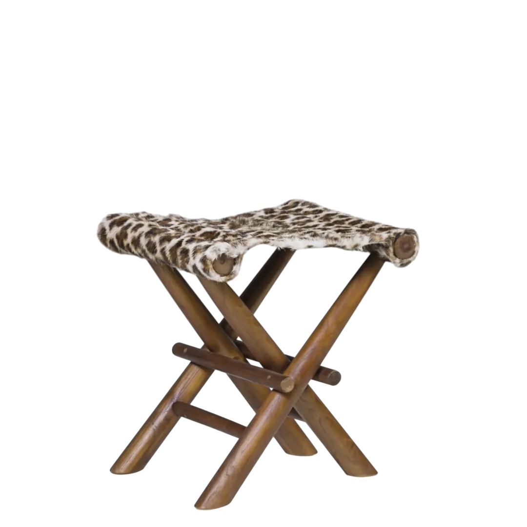 Taburete de teca y piel natural con estampado de leopardo plegable 48x40x45cm - Moycor - 761021MYC - foto-transparente