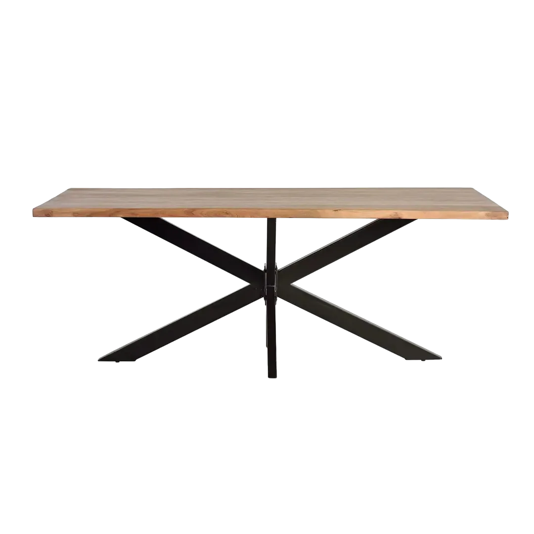 Mesa de comedor Victoria rectangular 6-8 personas madera de acacia tapa natural bordes auténticos base metálica negra 180x90x76cm - Giner y Colomer - 1007GYC - foto-transparente