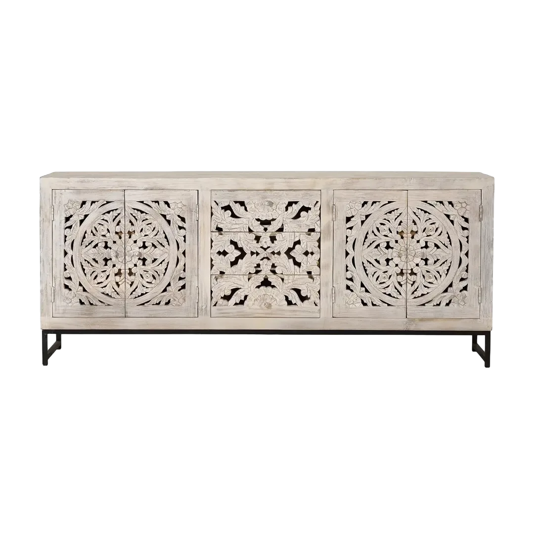 Aparador Mykonos 4 puertas 3 cajones en madera de mango maciza base de hierro puertas talladas a mano acabado blanco envejecido 190x38x80cm - Giner y Colomer - 1040GYC - foto-transparente