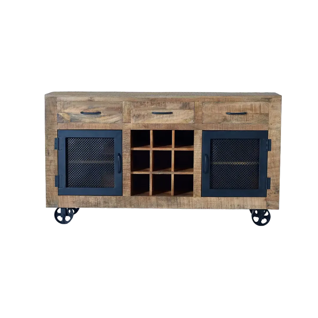 Aparador Ireland 2 puertas 3 cajones madera de mango maciza estructura metálica acabado natural envejecido 150x38x85cm - Giner y Colomer - 1058GYC - foto-transparente