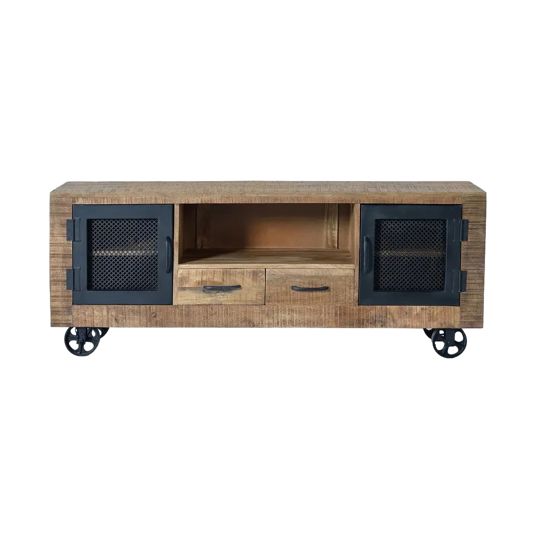 Mueble de TV Ireland en madera de mango y metal estilo rústico industrial 150x38x60cm - Giner y Colomer - 1060GYC - foto-transparente