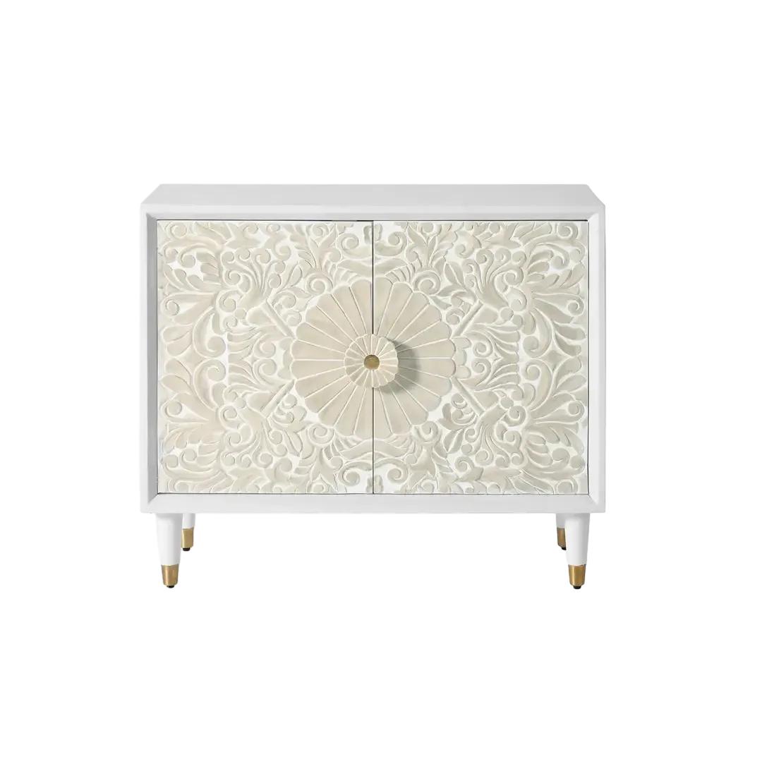 Consola Bali en madera de mango con 2 puertas y frontales tallados a mano y acabado artesanal 90x35x77cm - Giner y Colomer - 1081GYC - foto-transparente