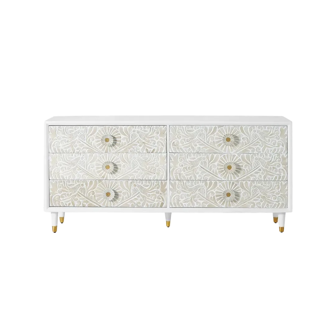 Cómoda Bali 6 cajones en madera de mango con frontales tallados a mano acabado natural diseño artesanal 170x40x80cm - Giner y Colomer - 1082GYC - foto-transparente