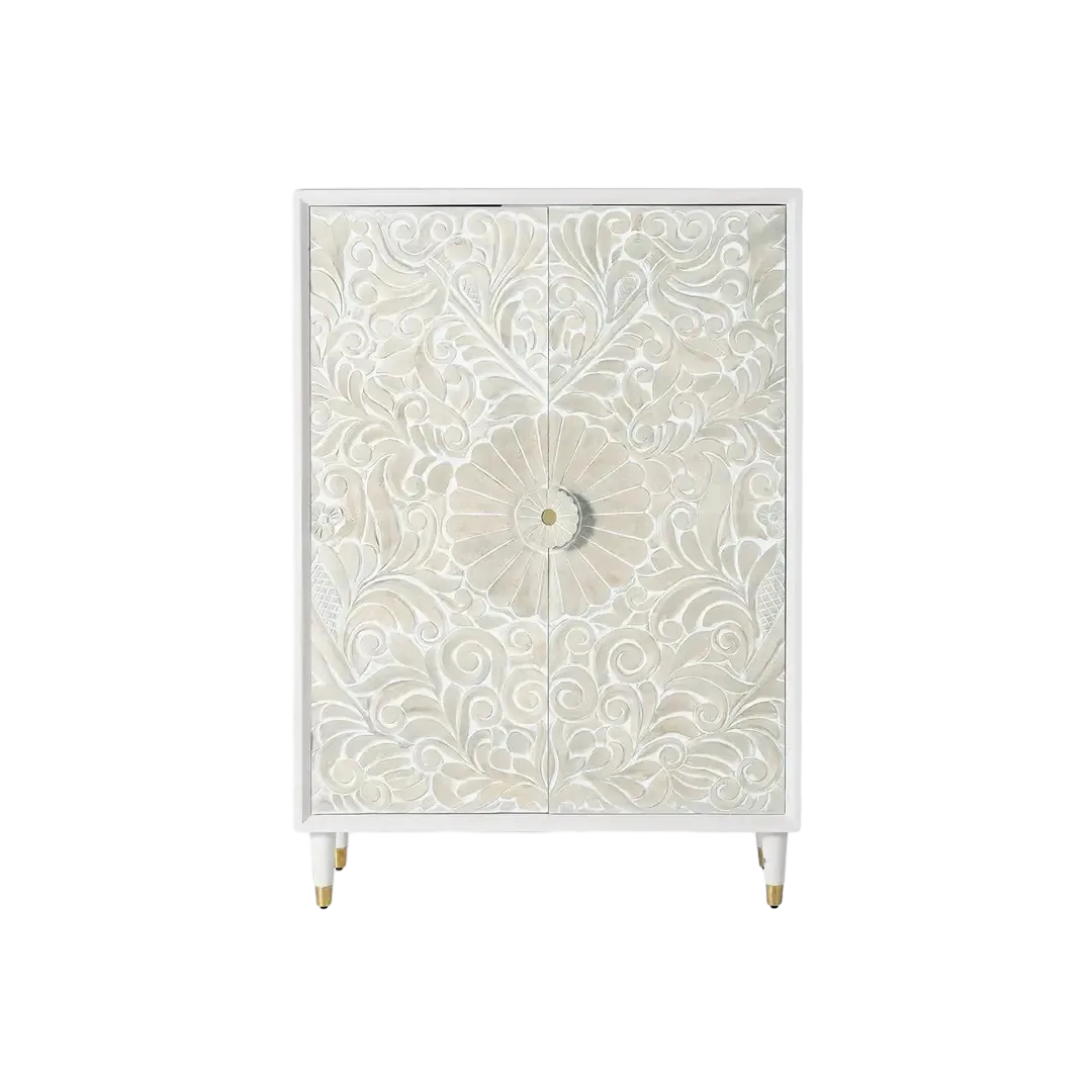 Armario Bali 2 puertas madera de mango con tallas a mano acabado natural 100x40x140cm - Giner y Colomer - 1084GYC - foto-transparente