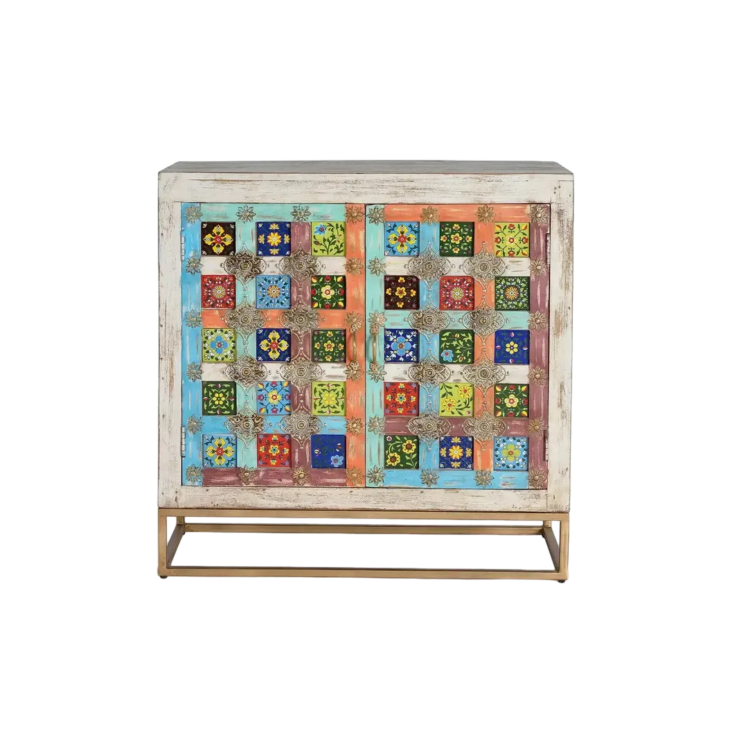 Aparador Tánger 2 puertas en madera de mango maciza con detalles en cerámica y estantes 90x40x90cm - Giner y Colomer - 1086GYC - foto-transparente