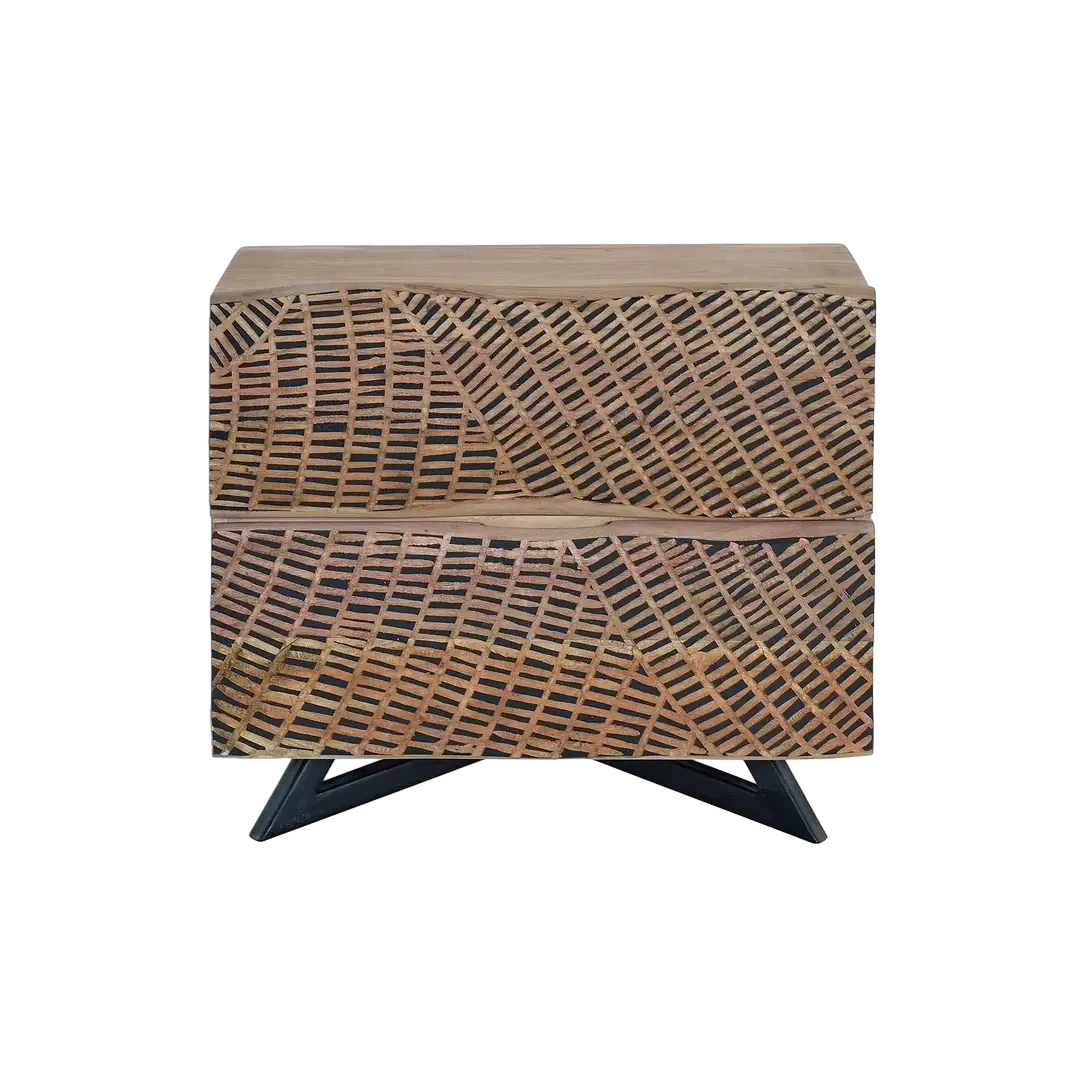 Mesita de noche Yakarta madera de acacia patas de metal dos cajones con frontis tallados a mano y apertura uñero diseño compacto 57x34x50cm - Giner y Colomer - 1090GYC - foto-transparente
