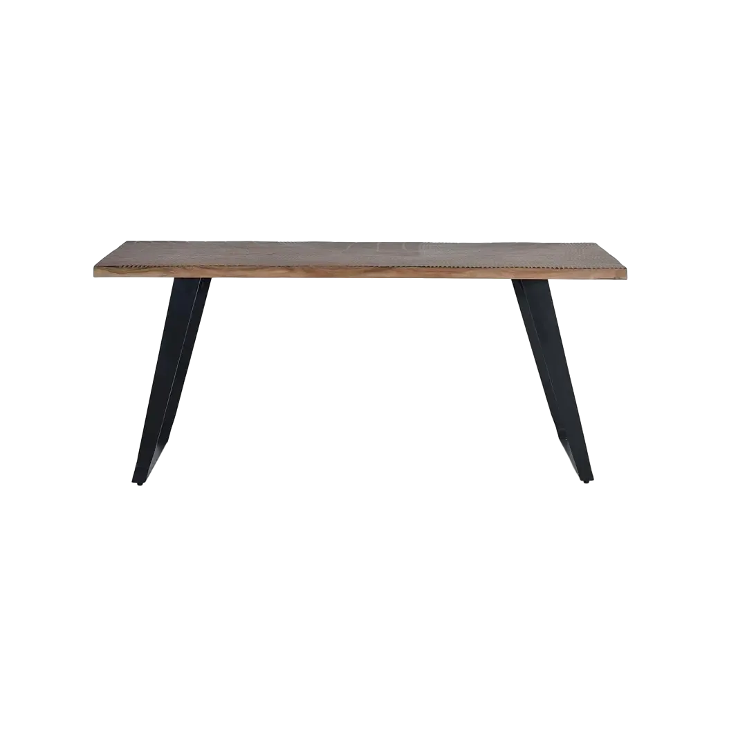 Mesa de comedor Yakarta rústica de madera de acacia y base metálica tapa tallada a mano 180x90x76cm - Giner y Colomer - 1095GYC - foto-transparente