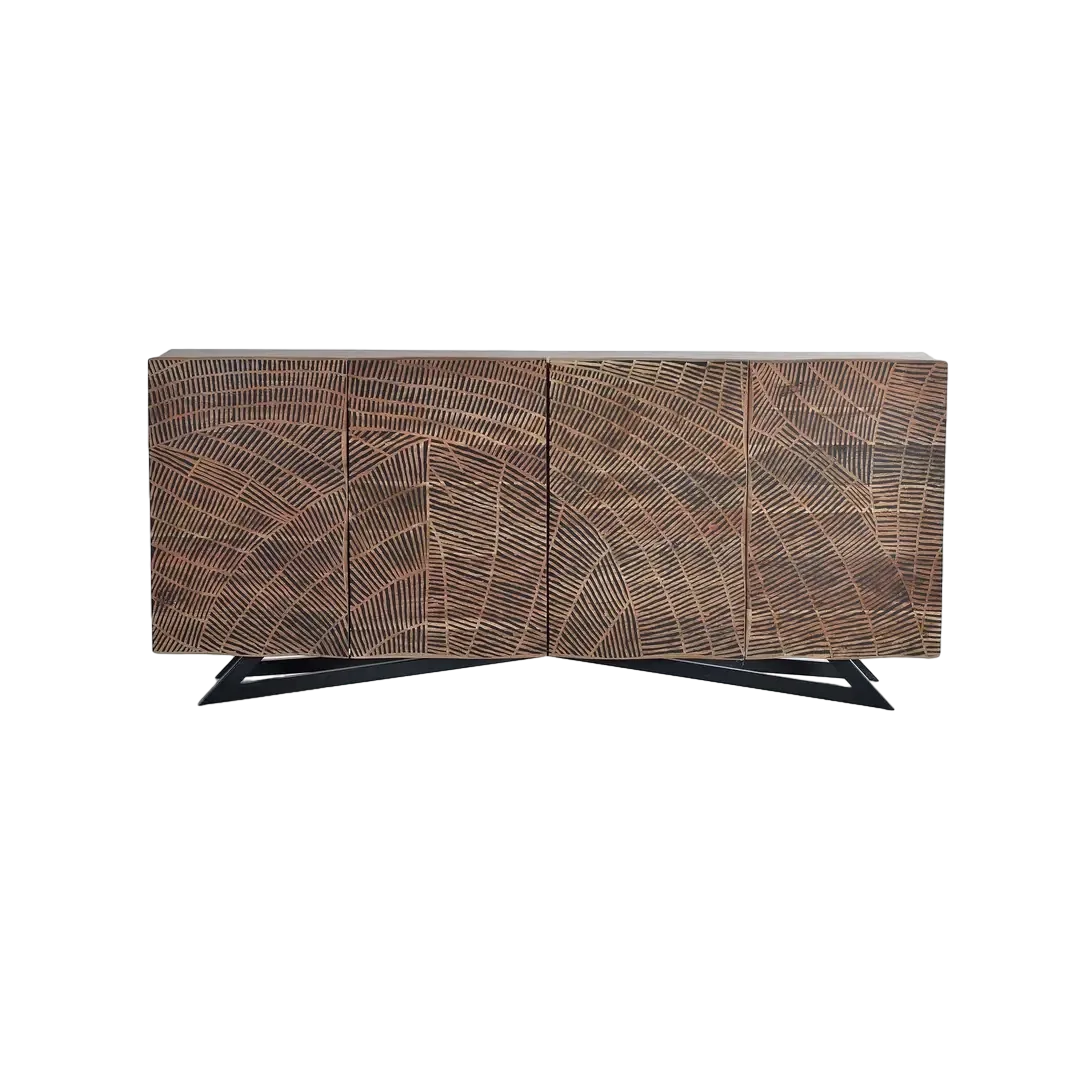 Aparador Yakarta 4 puertas madera de acacia color natural frontis tallados a mano patas de metal bisagras con cierre suave y seguro 200x40x90cm - Giner y Colomer - 1096GYC - foto-transparente