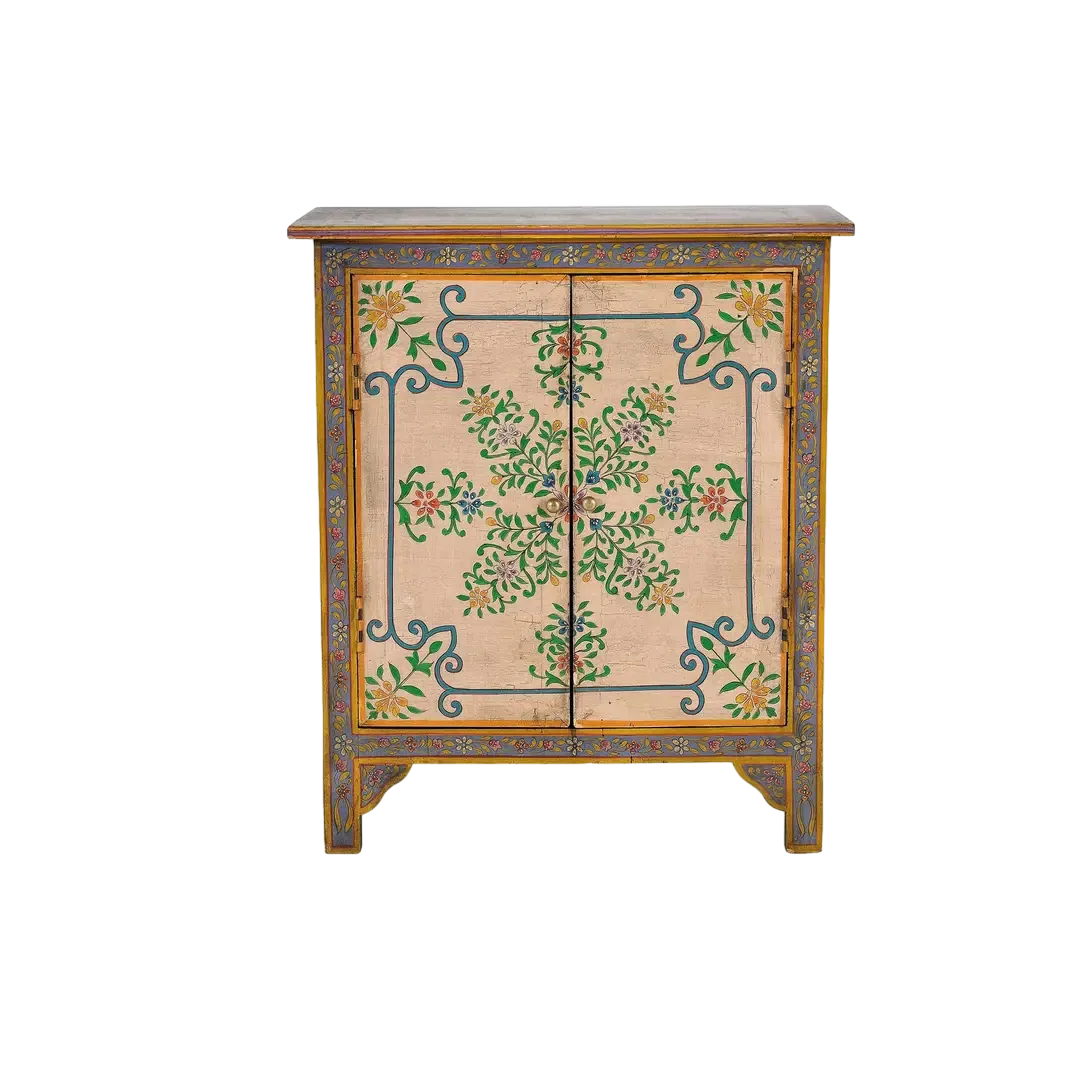 Mueble auxiliar Cairo en madera de mango 2 puertas pintado a mano multicolor compacto y único 65x33x77cm - Giner y Colomer - 1143GYC - foto-transparente