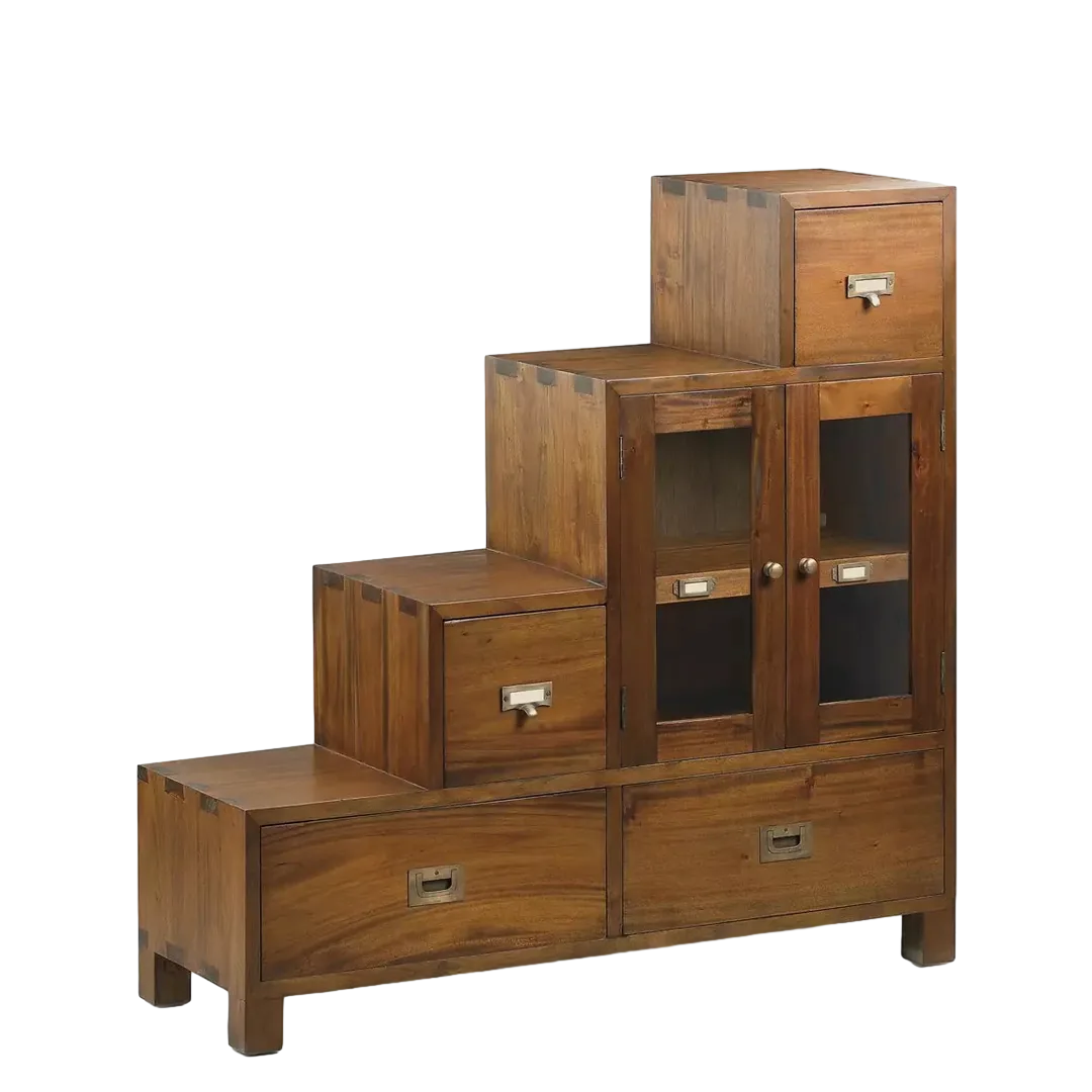 Mueble escalera de caoba con 4 cajones y 2 puertas de cristal 100x32x100cm - Moycor - 143025DMYC - foto-transparente