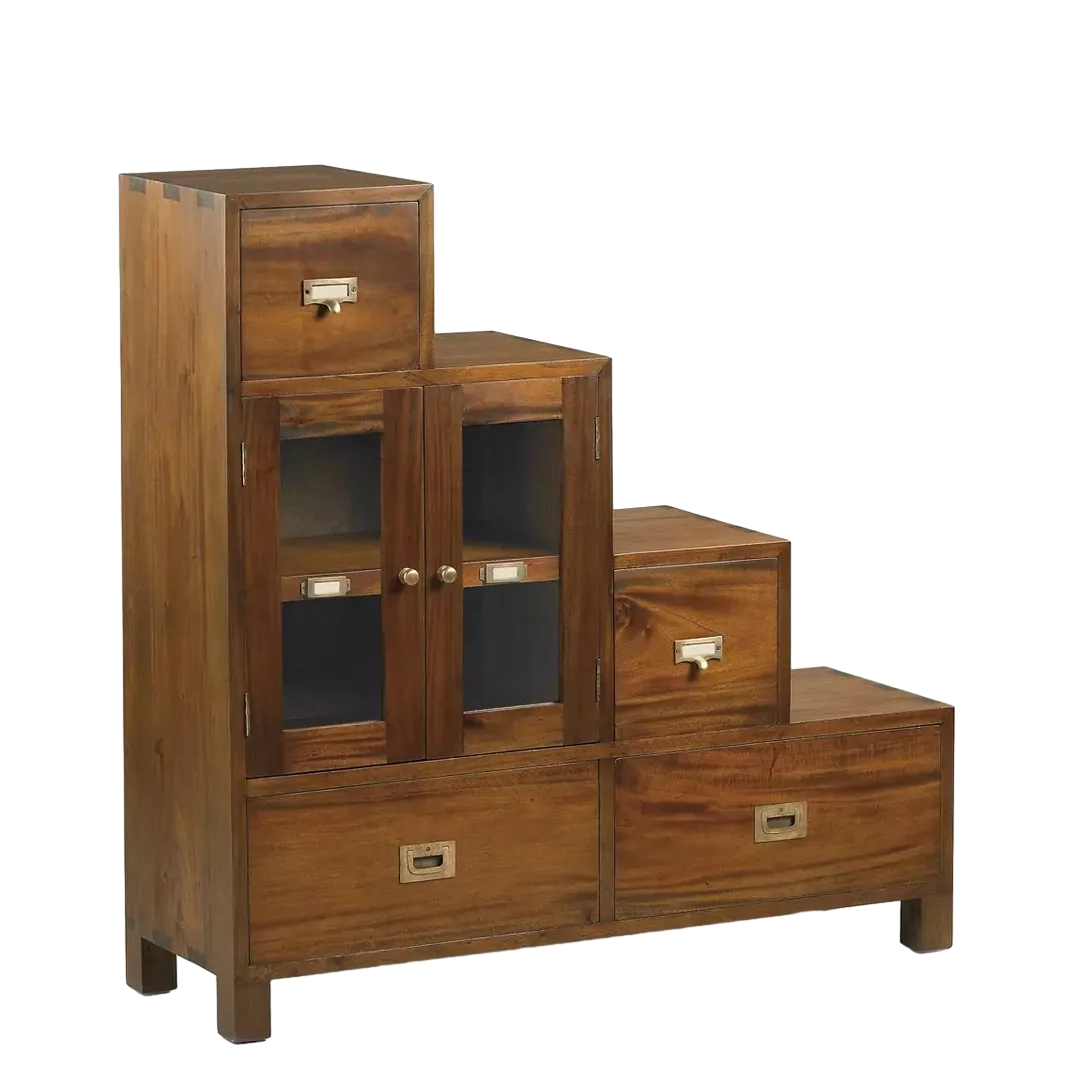 Mueble escalera en caoba maciza 4 cajones 2 puertas de cristal accesorios de bronce 100x32x100cm - Moycor - 143025IMYC - foto-transparente