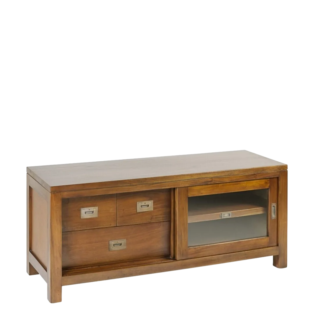 Mueble TV de caoba maciza con tres cajones estante interior puerta corredera de cristal y accesorios de bronce 115x40x50cm - Moycor - 145061MYC - foto-transparente