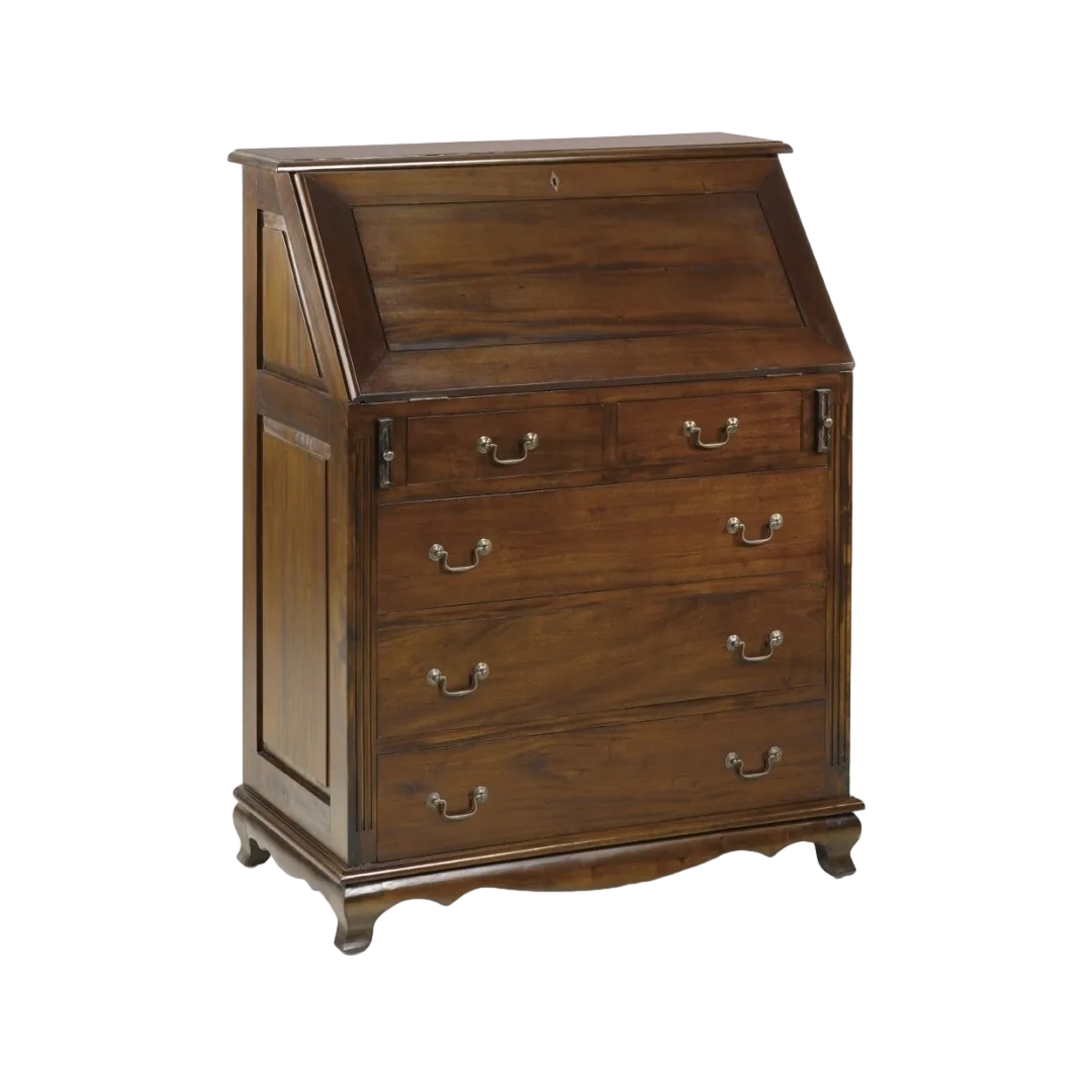 Cómoda escritorio de caoba maciza artesanal con accesorios de bronce interior en polipiel 3 cajones y puerta abatible con 5 cajones interiores 90x48x113cm - Moycor - 148132MYC - foto-transparente