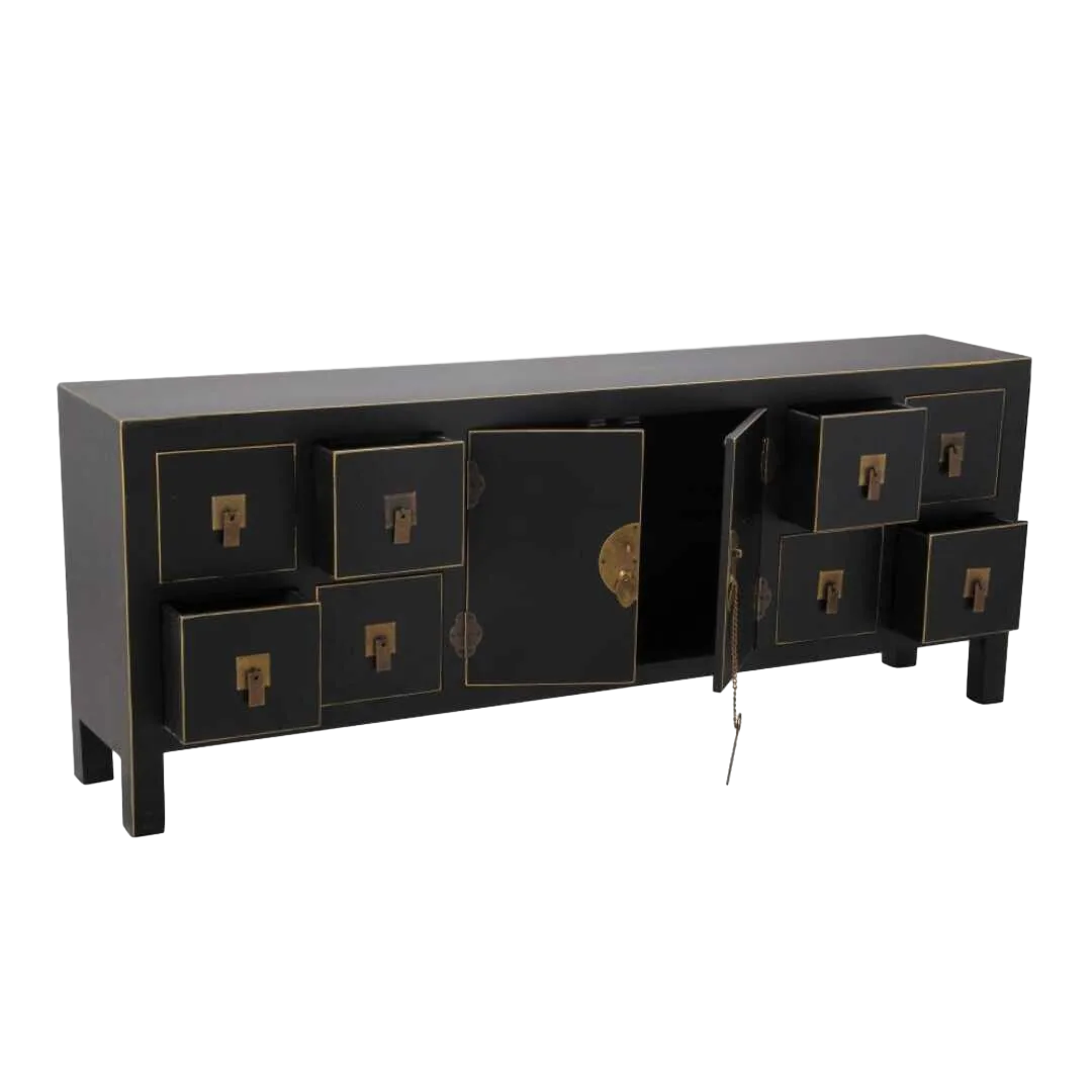 Mueble 8 cajones en madera acabado negro y oro 130x24x50.50cm - Ixia - 18387IX - foto-transparente
