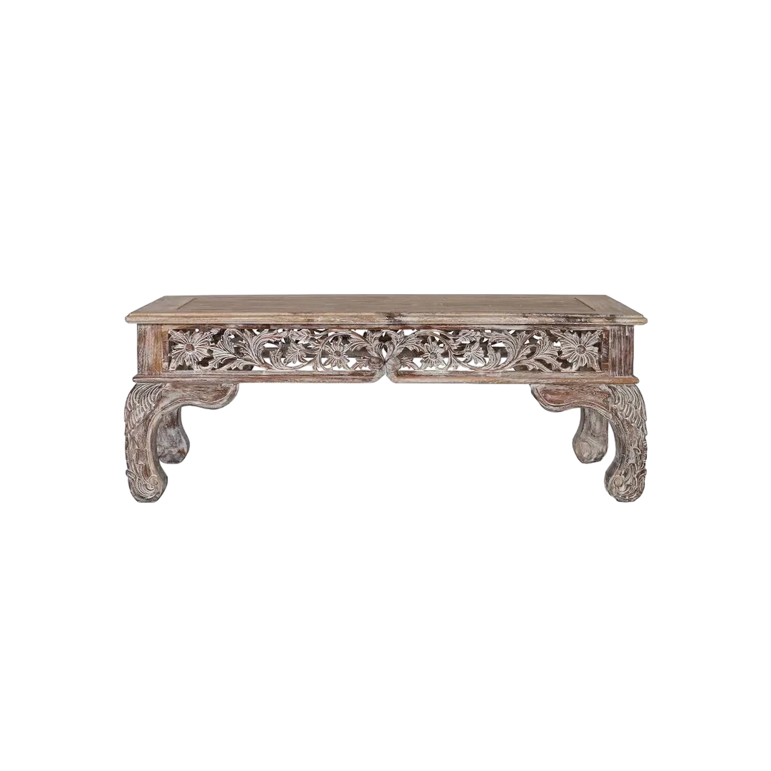 Mesa de centro Aura en madera de teca acabado blanco lavado y tallada estilo boho 120x60x45cm - Giner y Colomer - 2411GYC - foto-transparente