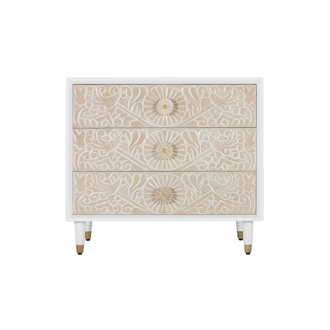 Cómoda Bali en madera de mango lacada blanco marfil 3 cajones cierre suave guías metálicas patas elevadas estilo mediterráneo moderno 90x45x80cm - Giner y Colomer - 2415GYC - foto-transparente