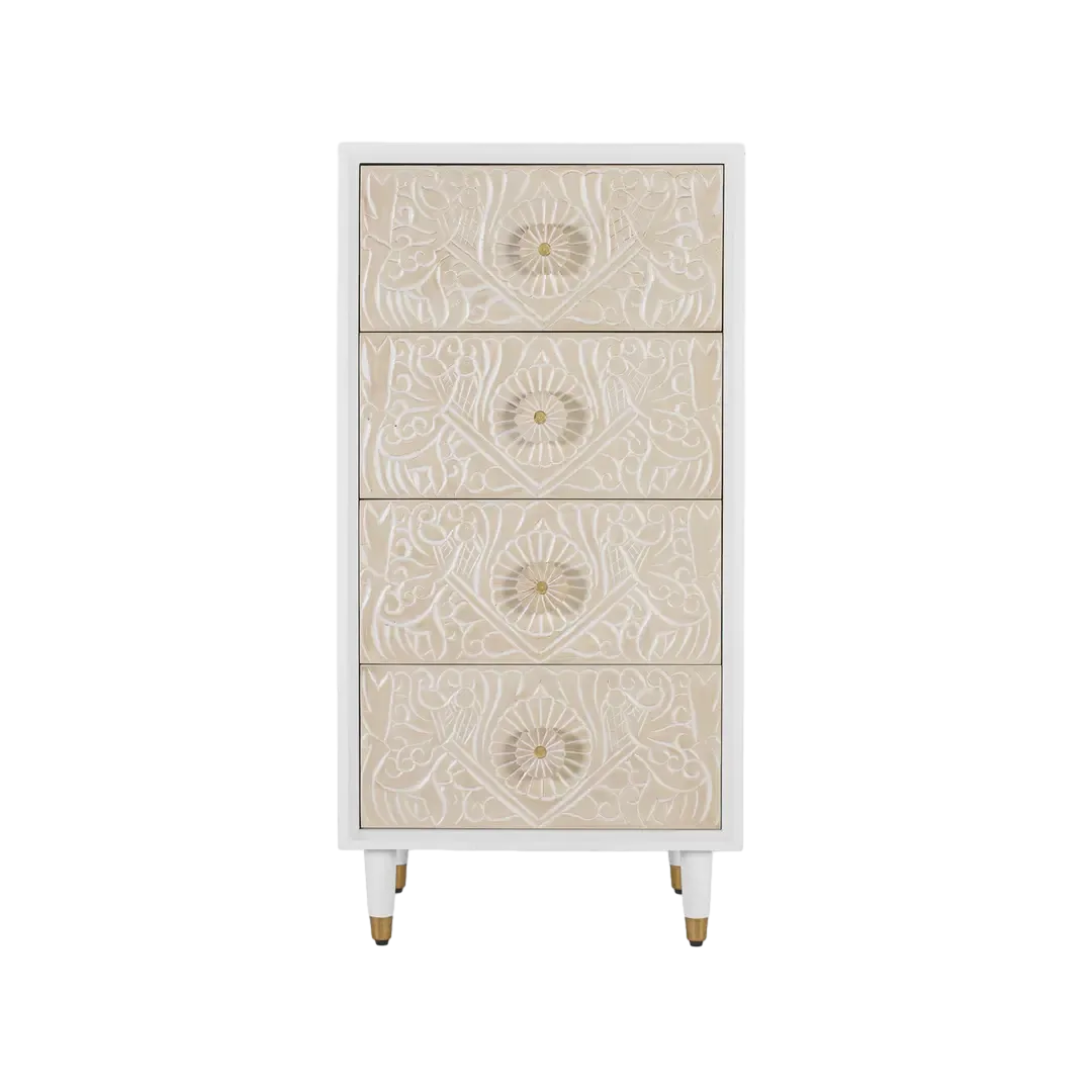 Sinfonier Bali madera de mango lacado blanco marfil 4 cajones con guías metálicas y cierre suave 60x40x121cm - Giner y Colomer - 2416GYC - foto-transparente