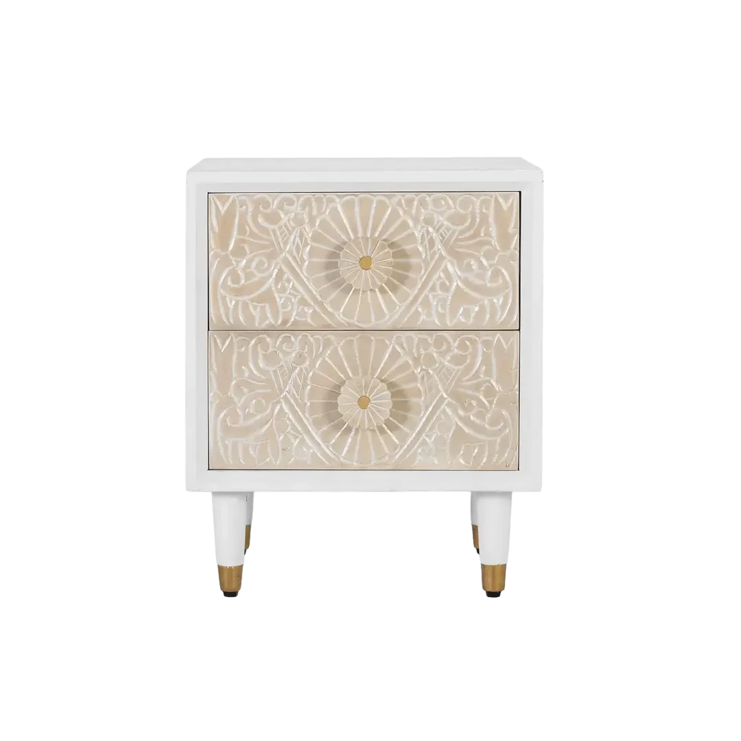 Mesita de noche Bali madera de mango blanco marfil 2 cajones con cierre suave tiradores y patas torneadas con detalle en latón 50x40x61cm - Giner y Colomer - 2417GYC - foto-transparente