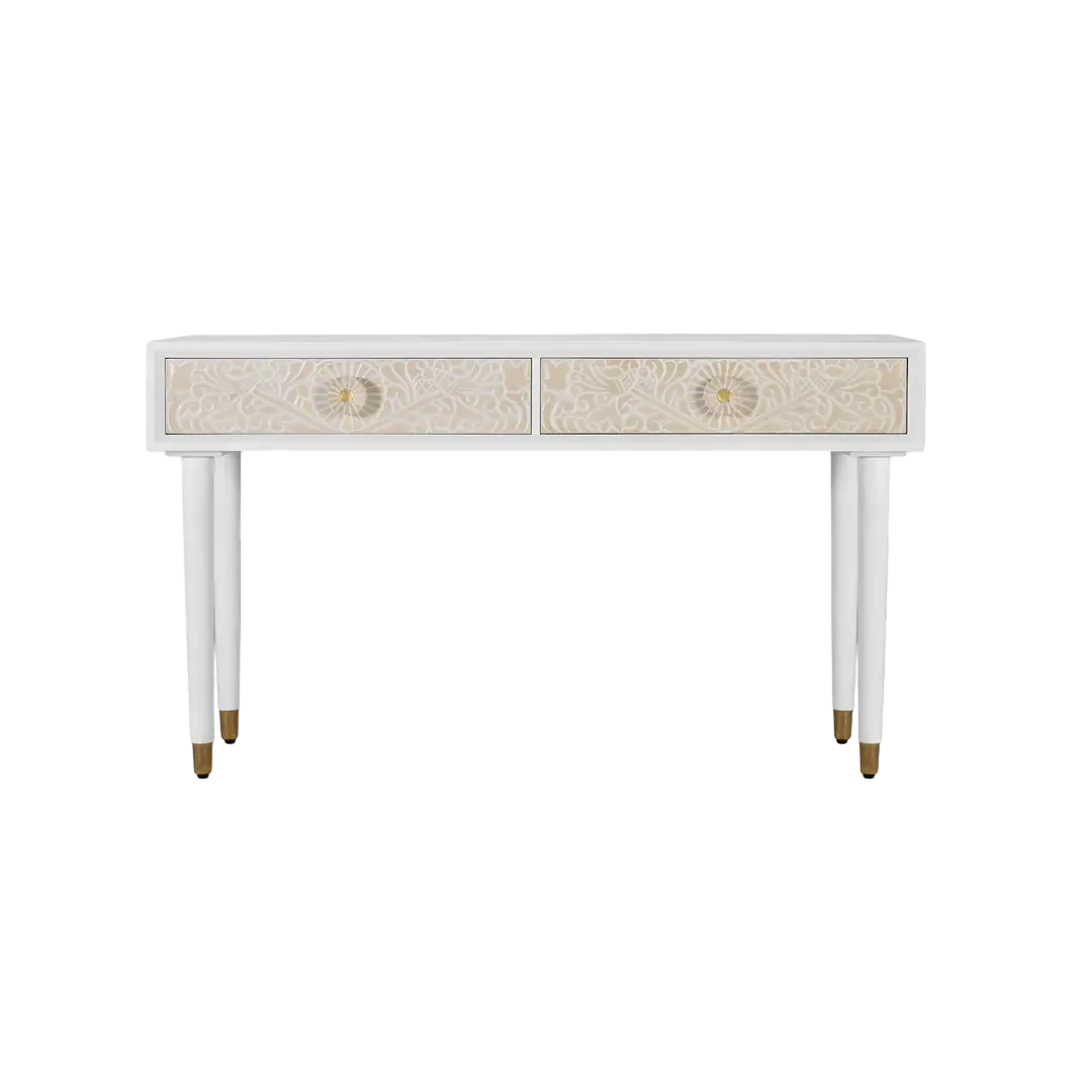 Consola Bali madera de mango lacada en blanco marfil 2 cajones con tiradores y guías metálicas cierre suave diseño mediterráneo moderno patas elevadas 140x40x80cm - Giner y Colomer - 2418GYC - foto-transparente