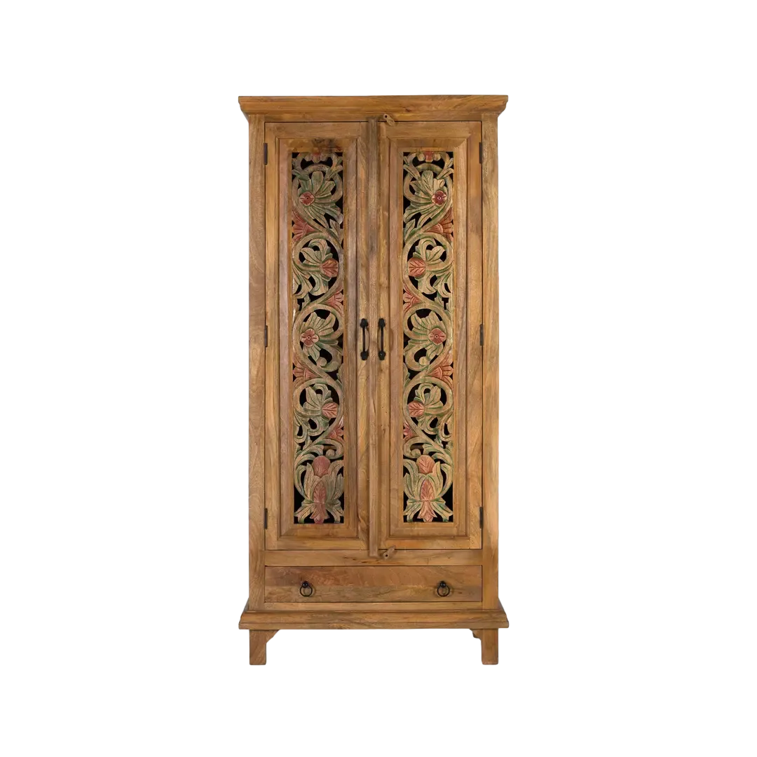 Armario Takara madera de mango estilo colonial y étnico con barra para colgar 3 estantes ajustables y cajón 85x39x180cm - Giner y Colomer - 2443GYC - foto-transparente