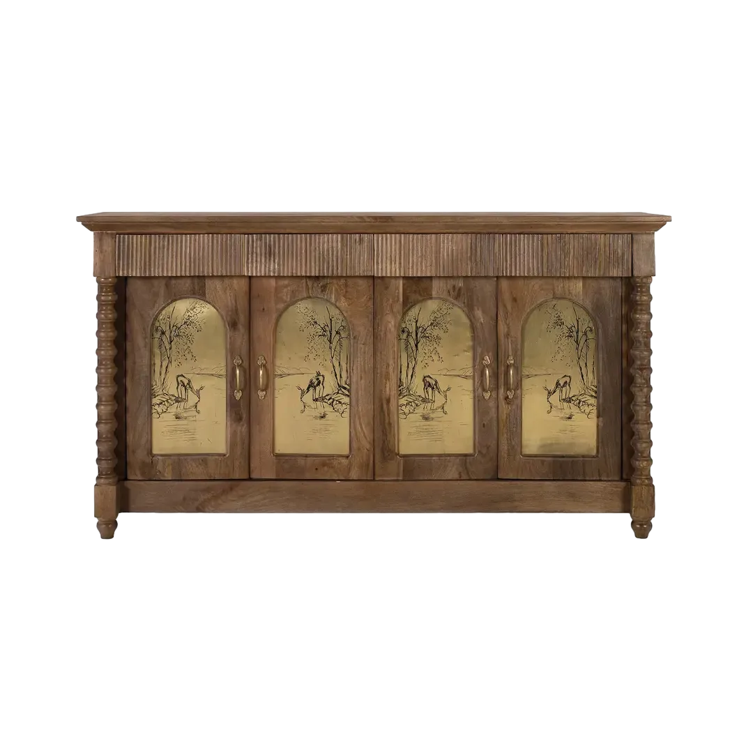 Aparador Bikaner en madera de mango acabado avellana mate con 4 puertas 4 cajones y 2 estantes estilo étnico colonial 169x39x92cm - Giner y Colomer - 2501GYC - foto-transparente