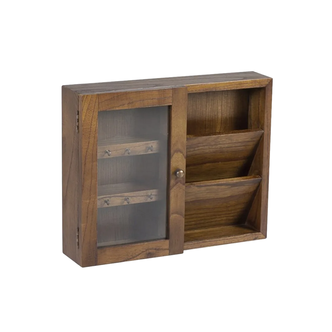 Mueble auxiliar de mindi con puerta de cristal accesorios de bronce y organizador interior para llaves y cartas 50x10x40cm - Moycor - 30105MYC - foto-transparente