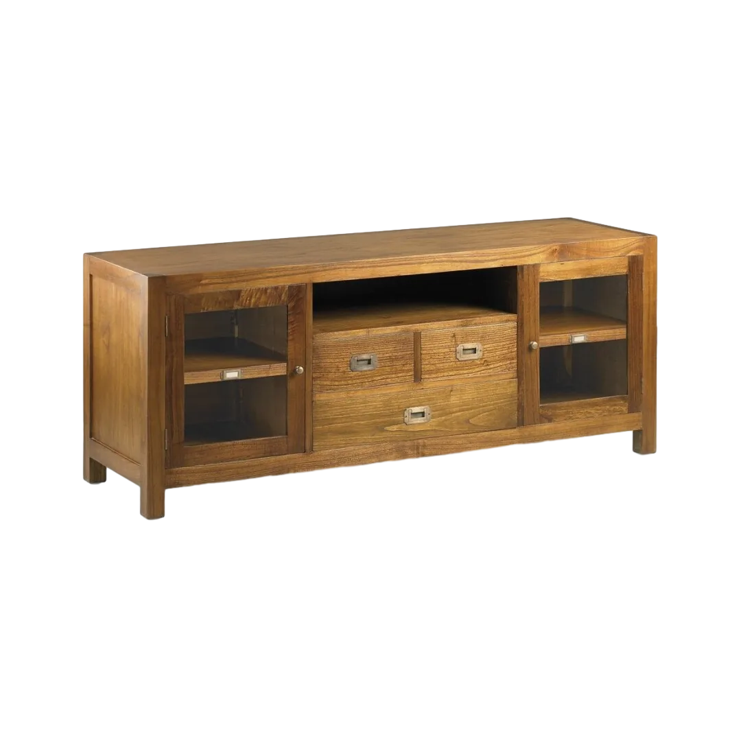 Mueble TV en mindi con accesorios de bronce 3 cajones 2 puertas y hueco para equipos electrónicos 150x45x60cm - Moycor - 30128MYC - foto-transparente
