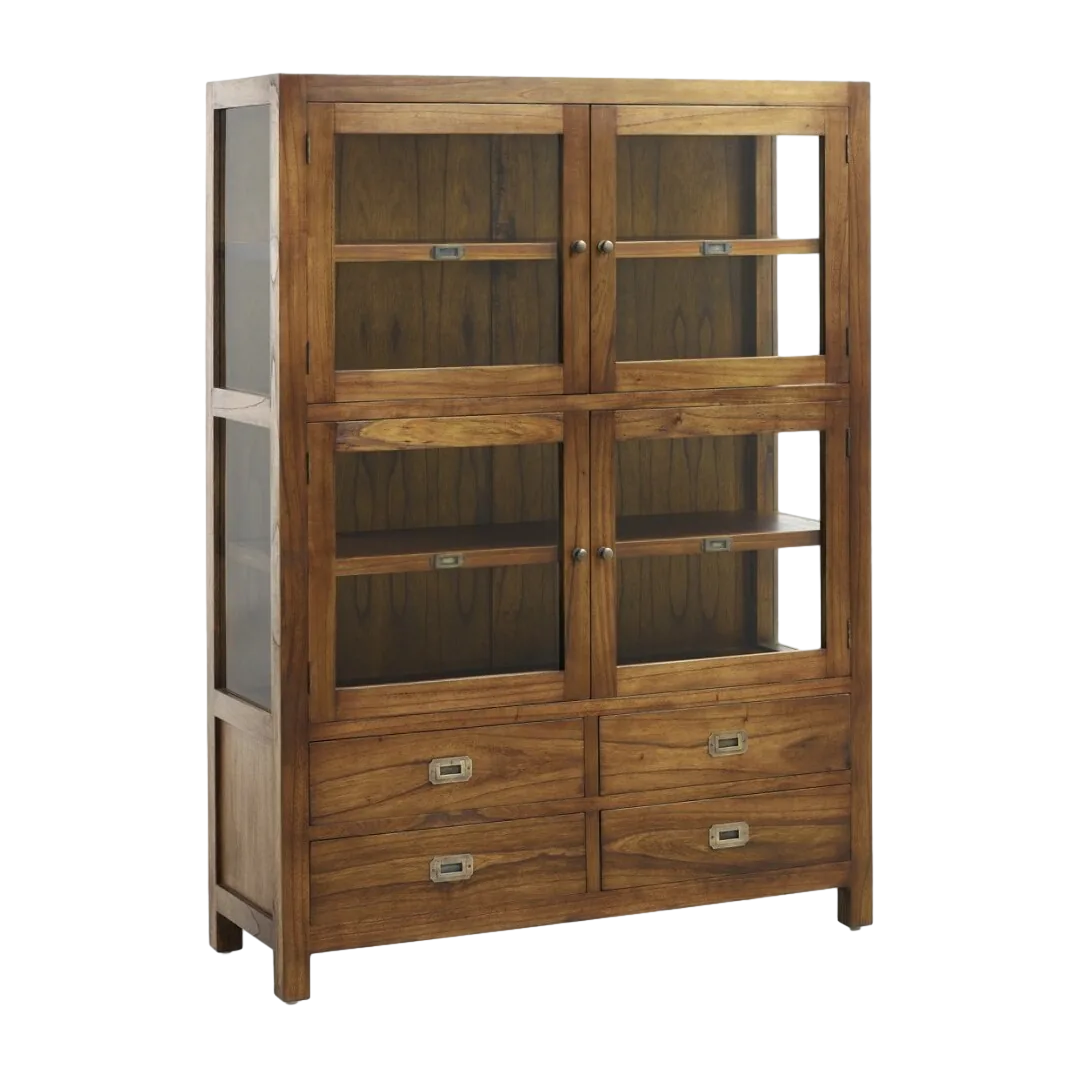 Vitrina en mindi con detalles en bronce 4 cajones 4 puertas y 2 estantes 115x40x155cm - Moycor - 30133MYC - foto-transparente