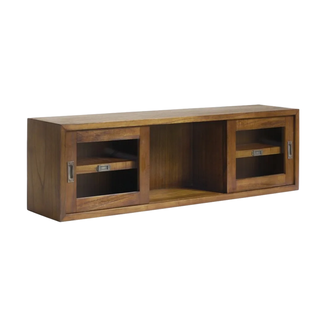 Estante de pared artesanal en madera de mindi con puertas correderas de cristal accesorios en bronce estantes laterales y hueco central 120x25x35cm - Moycor - 30138MYC - foto-transparente