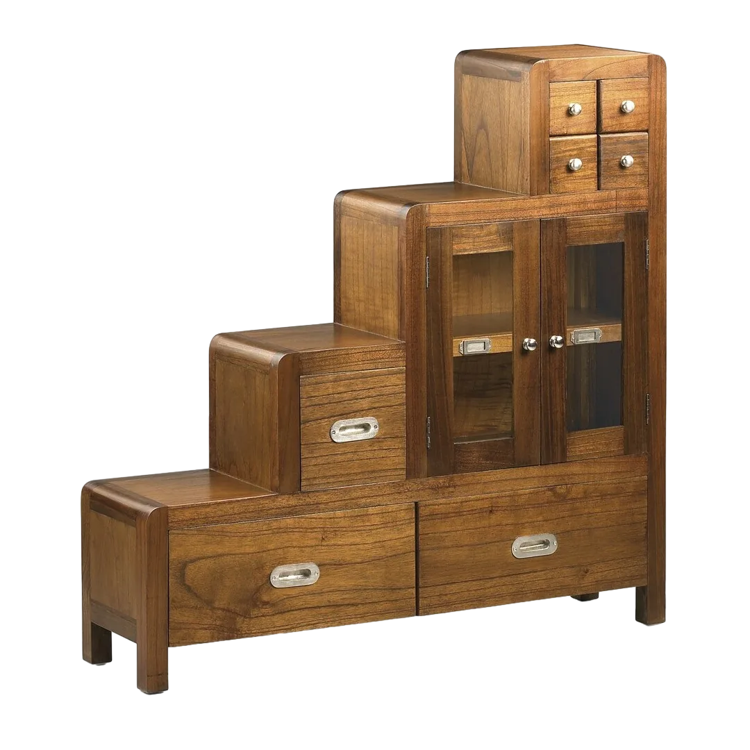Mueble escalera de mindi hecho a mano 7 cajones 2 puertas accesorios en bronce plateado 98x25x98cm - Moycor - 301504DMYC - foto-transparente