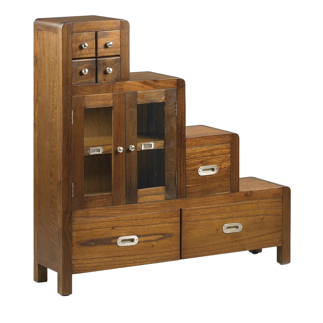 Mueble escalera de mindi hecho a mano 7 cajones y 2 puertas accesorios en bronce plateado 98x25x98cm - Moycor - 301504IMYC - foto-transparente
