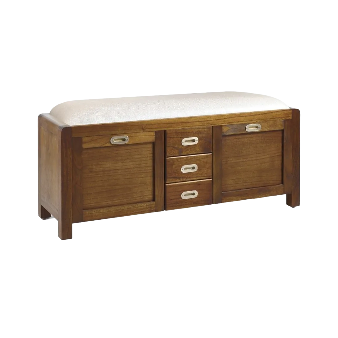 Banco zapatero en madera de mindi estructura maciza con cojín 100% poliéster 3 cajones y 2 puertas con separadores interiores removibles accesorios de bronce color plata 125x38x50cm - Moycor - 301505MYC - foto-transparente