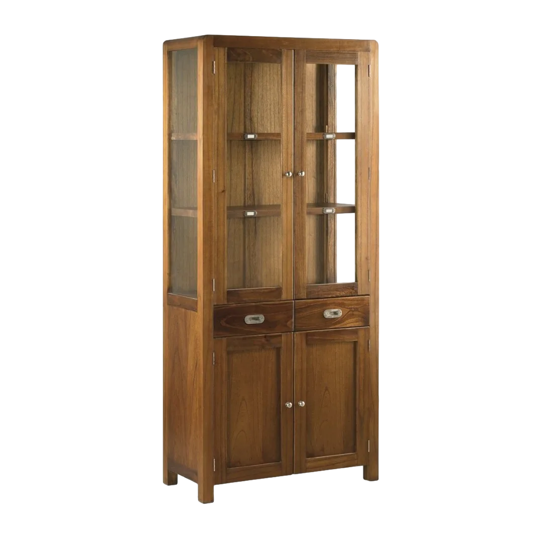 Vitrina en madera de mindi con 2 cajones puertas de cristal lateral de cristal y accesorios de bronce color plata 85x40x190cm - Moycor - 301508MYC - foto-transparente