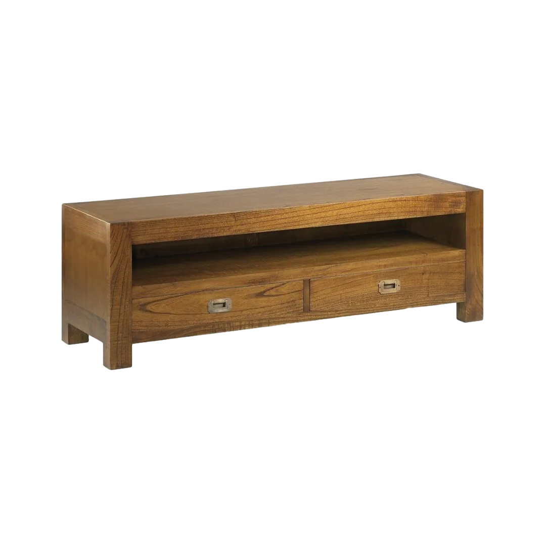 Mueble TV artesanal de madera de mindi con 2 cajones y detalles en bronce 130x40x40cm - Moycor - 30151MYC - foto-transparente