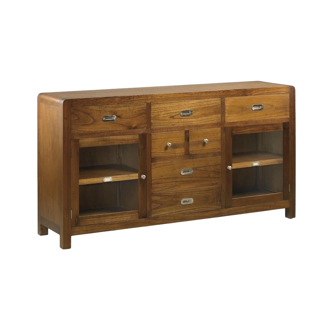 Bufet en madera de mindi colección Flash 5 cajones 2 puertas de cristal con estante y herrajes plata 160x40x85cm - Moycor - 301528MYC - foto-transparente