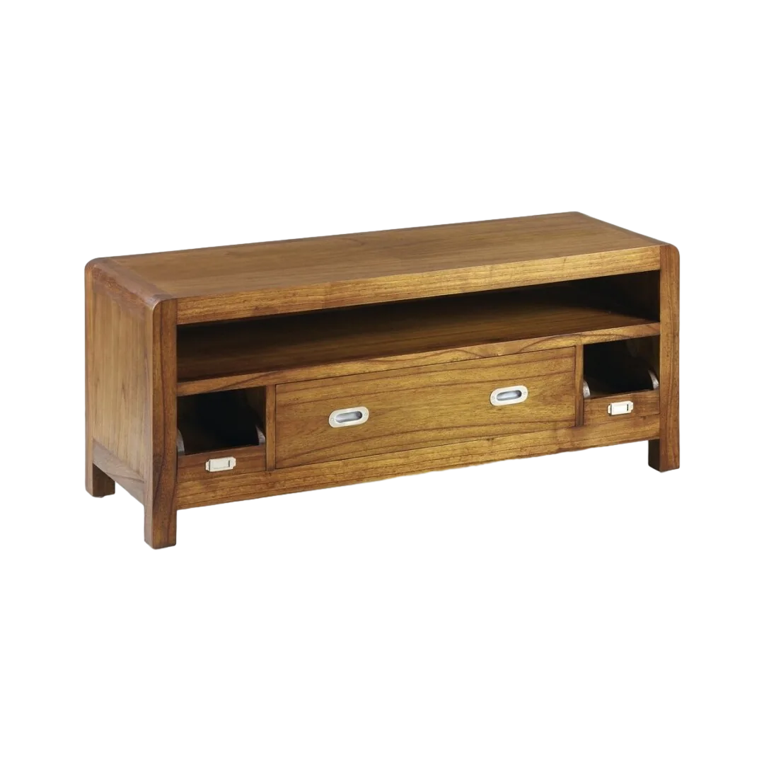 Mueble TV en madera de mindi artesanal estructura maciza accesorios de bronce color plata 1 cajón central 2 cajones extraíbles 1 estante 115x40x47cm - Moycor - 301551MYC - foto-transparente