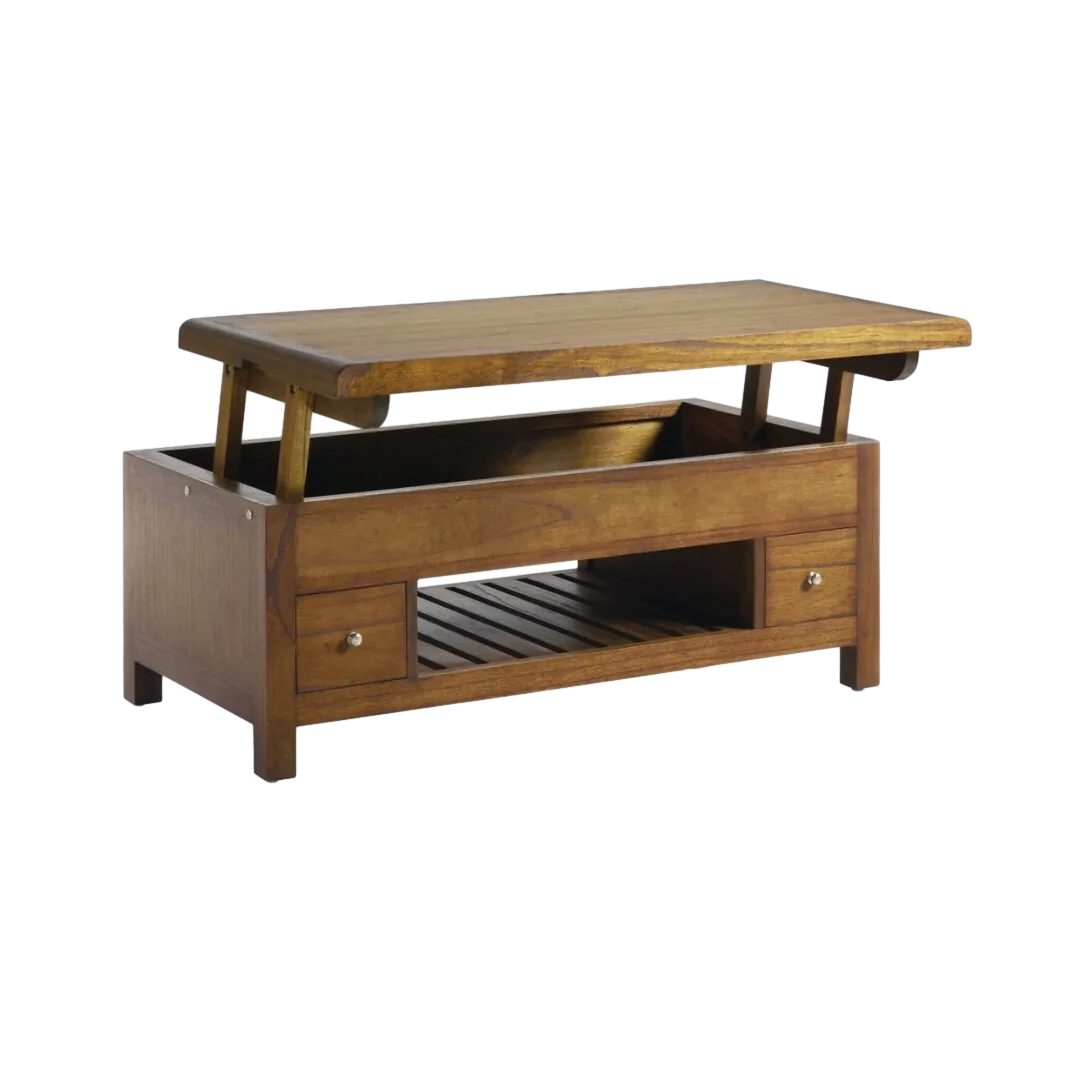 Mesa de centro elevable en mindi con 2 cajones y un hueco con tiradores plateados y accesorios en bronce-65cm 110x55x45cm - Moycor - 301559MYC - foto-transparente